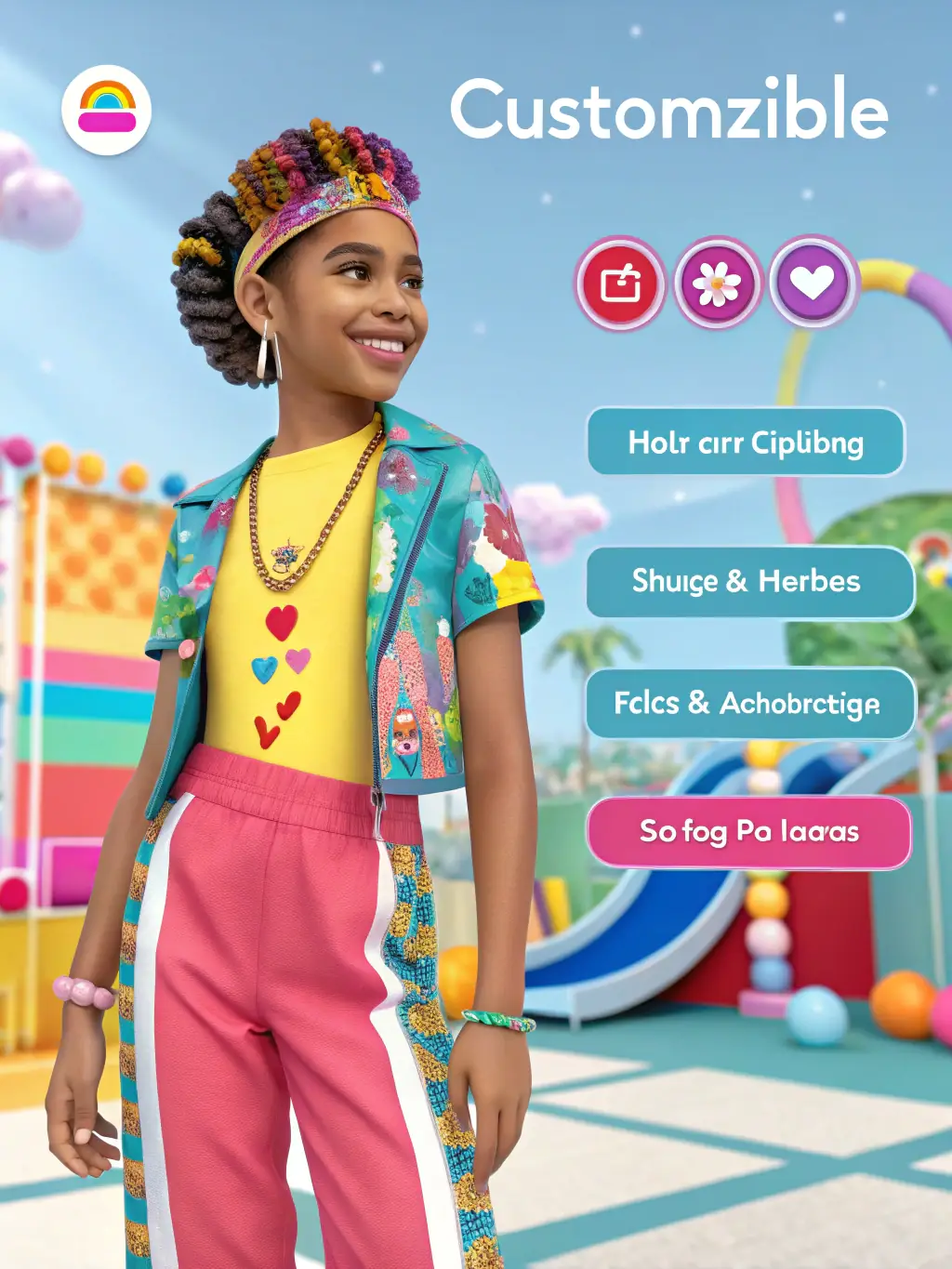A vibrant, stylized digital avatar with customizable features, showcasing the versatility of SoluDigitalPro's avatar creation services.